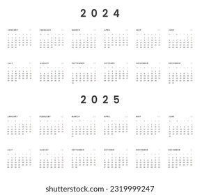 Set of 2024-2025 Annual Calendar template with transparent background. Vector layout of a wall or desk simple calendar with week start Monday. Horizontal Calendar design. Holidays in red colors. - Powered by Shutterstock - Get 15% off with code: PIKWIZARD15