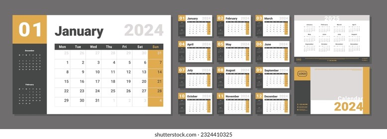 Set of 2024-2025 Calendar Planner Template, and cover with Place for Photo, Company Logo. Vector layout of a wall or desk simple calendar with week start Monday in yellow and grey color for print