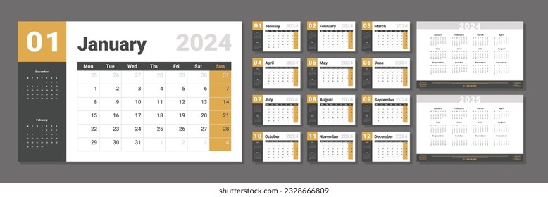 Conjunto de plantilla de planificador de calendarios 2024-2025. Diseño vectorial de una pared o un calendario simple de escritorio con inicio de semana Lunes en color amarillo y gris para impresión