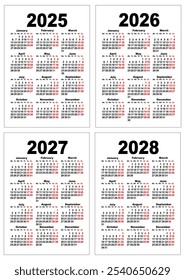 Conjunto 2025, 2026, 2027, 2028 Vertical de Plantilla de calendario de bolsillo Rejilla de año nuevo inglés aislada en blanco. Ilustración vectorial