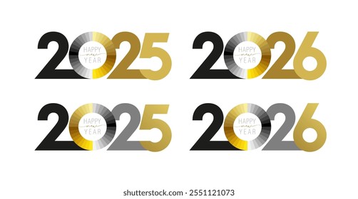 Set of 2025 and 2026 icons with grey and golden colours. Business concept. Special offer design template. Shiny gold new year ball and classic flat style number. Fiscal year symbol. Web banner.