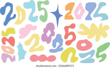 Set of 2025 and abstract design shapes. Hand drawn illustration vector.	