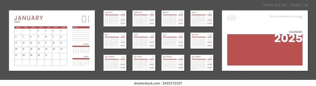 Conjunto de 2025 Calendar Planner Plantilla con lugar para la foto y el logotipo de la empresa. Diseño vectorial de un calendario simple de pared o escritorio con inicio de semana lunes en color gris para impresión. Página para tamaño A4 -21x29.7cm