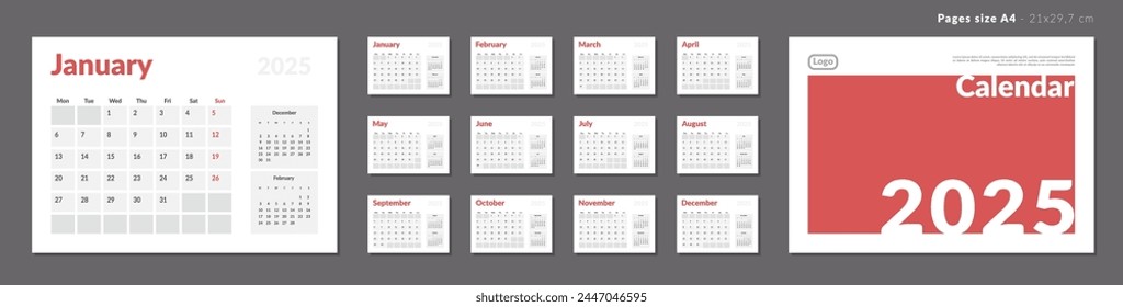 Set of 2025 Calendar Planner Template with Place for Photo and Company Logo. Vector layout of a wall or desk simple calendar with week start Monday in grey color for print. Page for size A4 -21x29.7cm