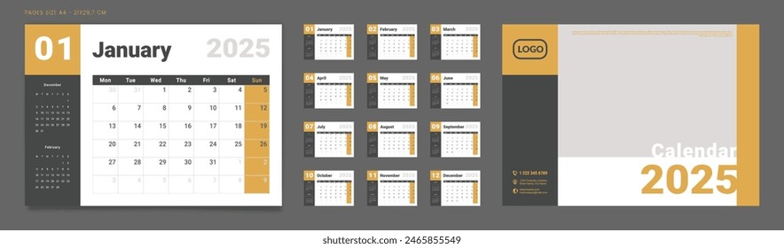 Conjunto de Páginas de Plantilla del Planificador del Calendario 2025 Mensual, Cubierta con Lugar para la Foto y Logotipo de la Empresa. Vector de un calendario de pared o de mesa con inicio de semana el lunes para imprimir. Tamaño de página A4-21x29.7cm