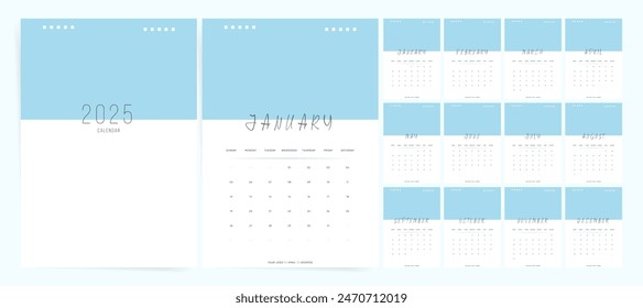 Set of 2025 Calendar Planner Template. Vector Vertical layout of a wall, table or desk modern business 2025 calendar. From Sunday. Calendar printable grid in yellow pink colors.	