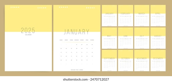 Set of 2025 Calendar Planner Template with Place for Photo or Image. Vector layout of a wall, table or desk modern 2025 calendar. From Sunday. Calendar printable grid in yellow white colors.	