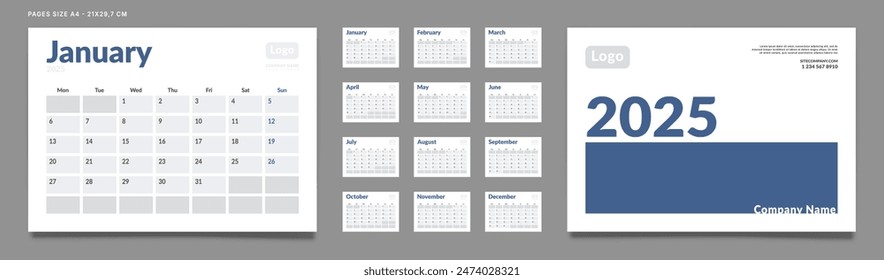 Set of 2025 Calendar Planner Template Pages Monthly, Cover with Place for Photo and Company Logo. Vector layout of a wall or desk calendar with week start Monday for printing. Page size A4-21x29.7cm