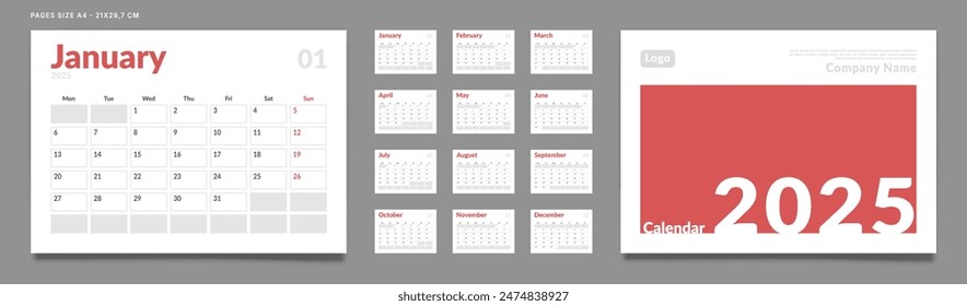 Conjunto de Páginas de Plantilla del Planificador del Calendario 2025 Mensual, Cubierta con Lugar para la Foto y Logotipo de la Empresa. Vector de un calendario de pared o de mesa con inicio de semana el lunes para imprimir. Tamaño de página A4-21x29.7cm