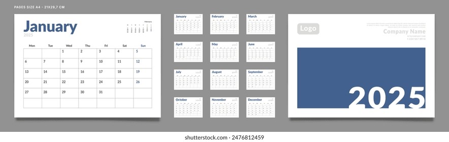 Conjunto de Páginas de Plantilla del Planificador del Calendario 2025 Mensual, Cubierta con Lugar para la Foto y Logotipo de la Empresa. Vector de un calendario de pared o de mesa con inicio de semana el lunes para imprimir. Tamaño de página A4-21x29.7cm