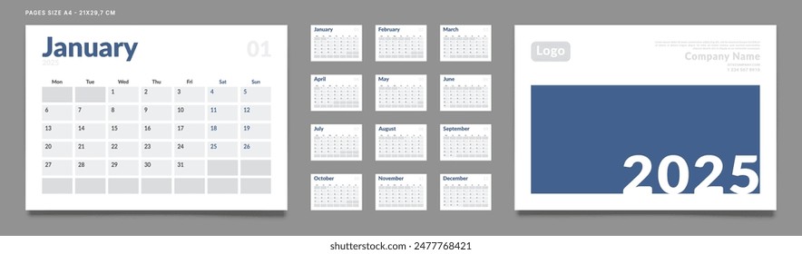 Conjunto de Páginas de Plantilla del Planificador del Calendario 2025 Mensual, Cubierta con Lugar para la Foto y Logotipo de la Empresa. Vector de un calendario de pared o de mesa con inicio de semana el lunes para imprimir. Tamaño de página A4-21x29.7cm