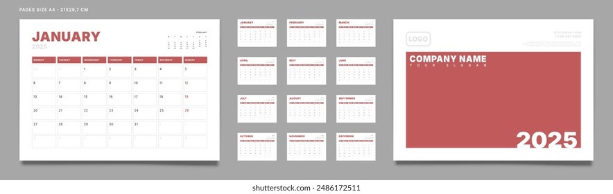 Set of 2025 Calendar Planner Template Pages Monthly, Cover with Place for Photo and Company Logo. Vector layout of a wall or desk calendar with week start Monday for printing. Page size A4-21x29.7cm