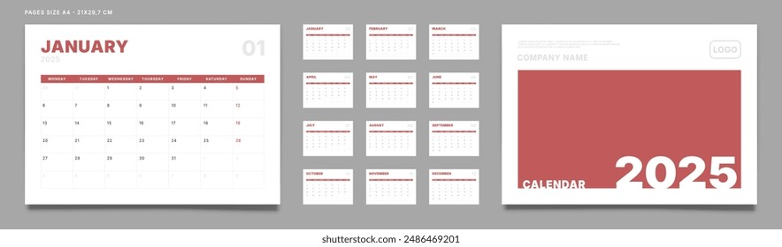 Set of 2025 Calendar Planner Template Pages Monthly, Cover with Place for Photo and Company Logo. Vector layout of a wall or desk calendar with week start Monday for printing. Page size A4-21x29.7cm