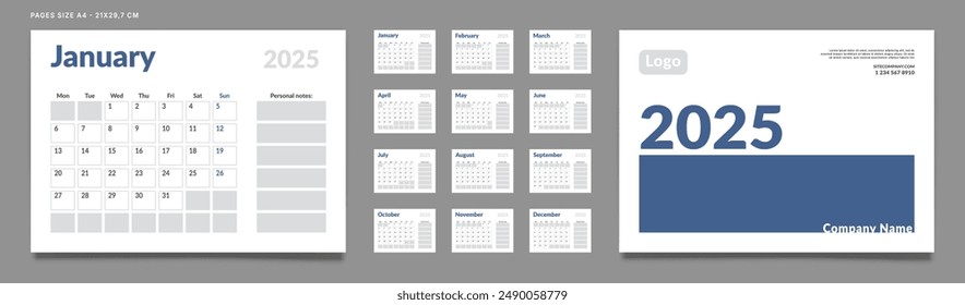 Conjunto de Páginas de Plantilla del Planificador del Calendario 2025 Mensual, Cubierta con Lugar para la Foto y Logotipo de la Empresa. Vector de un calendario de pared o de mesa con inicio de semana el lunes para imprimir. Tamaño de página A4-21x29.7cm