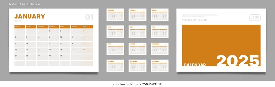 Conjunto de Páginas de Plantilla de calendario 2025 Calendar Planner mensuales, cubierta con lugar para foto y logotipo de la empresa. Diseño de Vector de un calendario de pared o escritorio con inicio de semana el lunes para imprimir. Tamaño de página A4-21x29.7cm