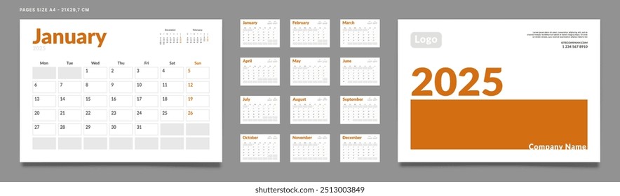 Conjunto de 2025 páginas de modelo de planejador de calendário mensal, cobrir com lugar para foto e logotipo da empresa. Layout vetorial de um calendário de parede ou de mesa com início de semana na segunda-feira para impressão. Tamanho da página A4-21x29.7cm