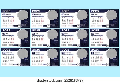 Set of 2025 Calendar Planner Template Pages Monthly, Cover with Place for Photo and Company Logo. Vector layout of a wall or desk calendar with week start Monday for printing. Page size  8.5 * 5.5 px.