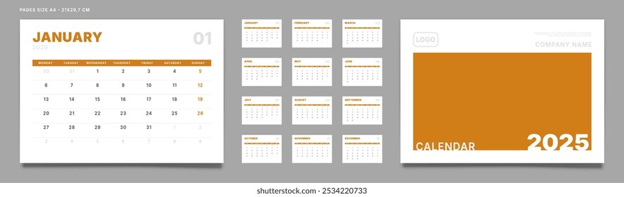 Set von 2025 Kalenderplaner Vorlagenseiten monatlich, Abdeckung mit Platz für Foto und Firmenlogo. Vektorgrafik eines Wand- oder Schreibtischkalenders mit Wochenstart Montag zum Ausdrucken. Seitengröße A4-21x29,7cm