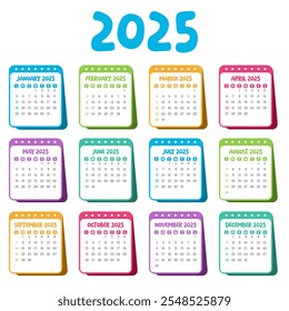 Set of 2025 Calendar Planner Template Pages Monthly, Vector layout of a wall or desk calendar with week start Monday for printing. 