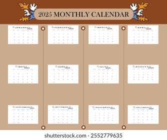 Set of 2025 Calendar Planner Template in Minimal Aesthetic Design. Vector layout of a wall, table or desk modern 2025 calendar. From Sunday. Calendar printable.