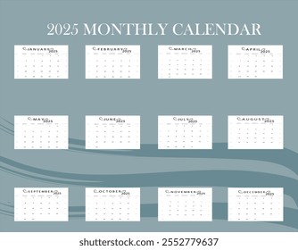 Set of 2025 Calendar Planner Template in Minimal Aesthetic Design. Vector layout of a wall, table or desk modern 2025 calendar. From Sunday. Calendar printable.