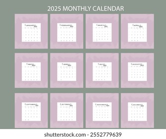 Set of 2025 Calendar Planner Template in Minimal Aesthetic Design. Vector layout of a wall, table or desk modern 2025 calendar. From Sunday. Calendar printable.