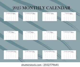 Set of 2025 Calendar Planner Template in Minimal Aesthetic Design. Vector layout of a wall, table or desk modern 2025 calendar. From Sunday. Calendar printable.