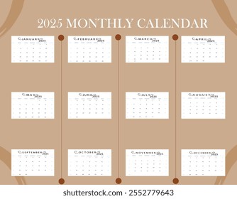 Set of 2025 Calendar Planner Template in Minimal Aesthetic Design. Vector layout of a wall, table or desk modern 2025 calendar. From Sunday. Calendar printable.