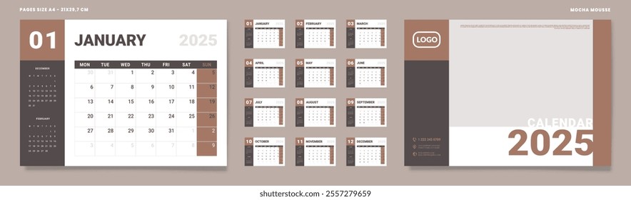 Set of 2025 Calendar Planner Template Pages Monthly, Cover in color of the year Mocha Mousse. Vector layout of a wall or desk calendar with week start Monday for printing. Page size A4-21x29.7cm