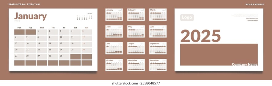 Set of 2025 Calendar Planner Template Pages Monthly, Cover . Vector layout of a wall or desk calendar with week start Monday for printing. Page size A4-21x29.7cm