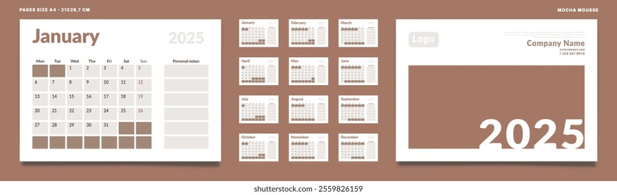 Set of 2025 Calendar Planner Template Pages Monthly, Cover. Vector layout of a wall or desk calendar with week start Monday for printing. Page size A4-21x29.7cm