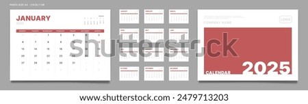 Set of 2025 Calendar Planner Template Pages Monthly, Cover with Place for Photo and Company Logo. Vector layout of a wall or desk calendar with week start Monday for printing. Page size A4-21x29.7cm