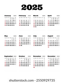 Set 2025 Calender Template.Time, planning and schedule concept. Flat design.Vector illustration