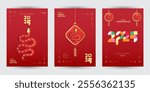 Set of 2025 Chinese new year modern art poster, year of the snake for cover, greeting card, banner template design with modern geometric style snakes on colourful, gold, red background. Chinese zodiac