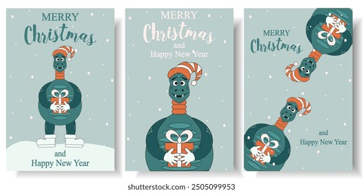 Set of 2025 Chinese new year greeting card cover print design. Christmas posters template with cute flat Groovy style Snake. Fun vector aesthetic can used web social media banner postcard post. EPS10 