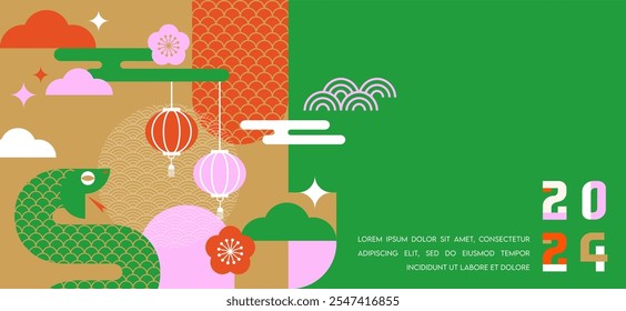 Set of 2025 Chinese new year, year of the snake banner templates design with modern geometric style snake. happy lunar new year