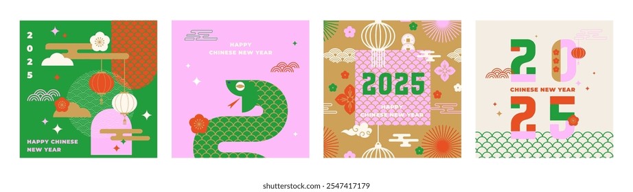 Set of 2025 Chinese new year, year of the snake banner templates design with modern geometric style snake. happy lunar new year