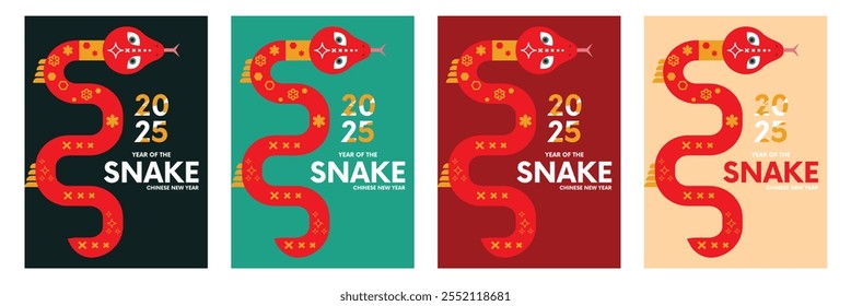 Set of 2025 Chinese new year, year of the snake banner, poster, background templates design with geometric flat modern snakes . vector illustration. EPS 10