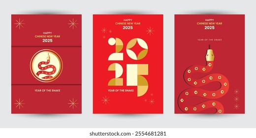 Set of 2025 Chinese new year modern art poster, year of the snake for cover, greeting card, banner template design with modern geometric style snakes on colourful, red background. Chinese zodiac