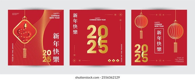 Set of 2025 Chinese new year modern square template design, year of the snake for poster, greeting card, banner with modern geometric style snakes on colourful, gold, red background. Chinese zodiac