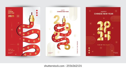 Set of 2025 Chinese new year modern art poster, year of the snake for cover, greeting card, banner template design with modern geometric style snakes on colourful, gold, red background. Chinese zodiac