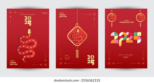 Set of 2025 Chinese new year modern art poster, year of the snake for cover, greeting card, banner template design with modern geometric style snakes on colourful, gold, red background. Chinese zodiac