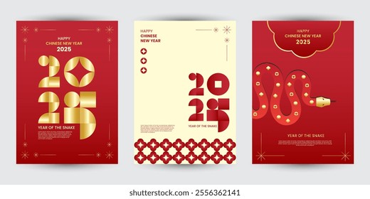 Set of 2025 Chinese new year modern art poster, year of the snake for cover, greeting card, banner template design with modern geometric style snakes on colourful, gold, red background. Chinese zodiac