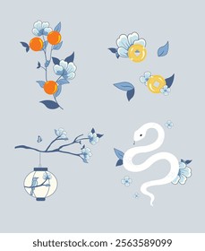 Set of 2025 Chinese new year, year of the snake banner templates design cute zodiac snakes, butterflies, flowers, coin, money pocket, orange