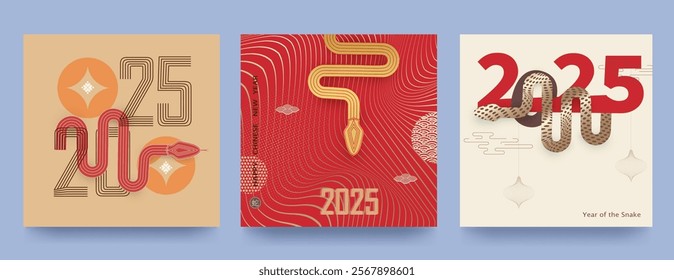 Set of 2025 Chinese New Year, Year of the Snake banner templates design with modern geometric style. Chinese translation Snake, happy new year. Vector illustration