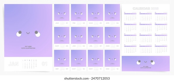 Set of 2025 Cute Calendar Planner Template with Free Space for Branding. Vector layout of a wall, table or desk modern 2025 calendar. From Sunday. Calendar printable grid in pink white colors.	