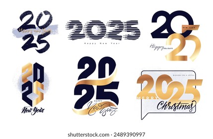 Conjunto de 2025 Plantilla de diseño de números de oro. 2025 Nuevo Año logotipo de oro y diseño de texto negro. Colección de Feliz Año Nuevo. Logotipo del calendario 2025 Elementos de Navidades de Vector. Plantilla de diseño de número de lujo.