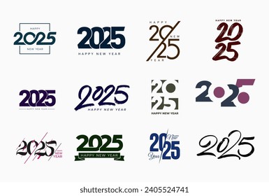 Set of 2025 Happy New Year signs. Big collection of 2025 Happy New Year symbols. Greeting card artwork, brochure template. Vector illustration with black holiday labels isolated on white background.