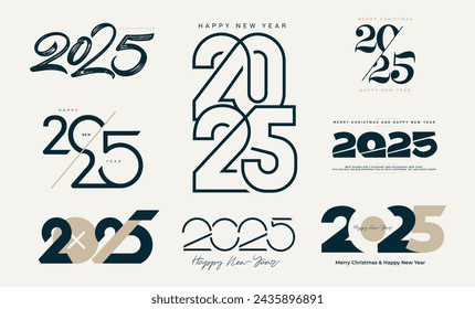 Satz von 2025 Happy New Year Logo Text Schriftzug. Numerische Entwurfsvorlage 2025. Trendfarbe 2025 Happy New Year Symbole. Vektor-Illustration des Weihnachtselements. Broschürendesign, Social Media, Karte, Banner