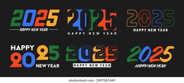 Set of 2025 Happy New Year greeting text designs. Christmas banner, poster, festive greeting card or seasonal promotion template. Collection of 2025 numbers with greetings. Vector illustration